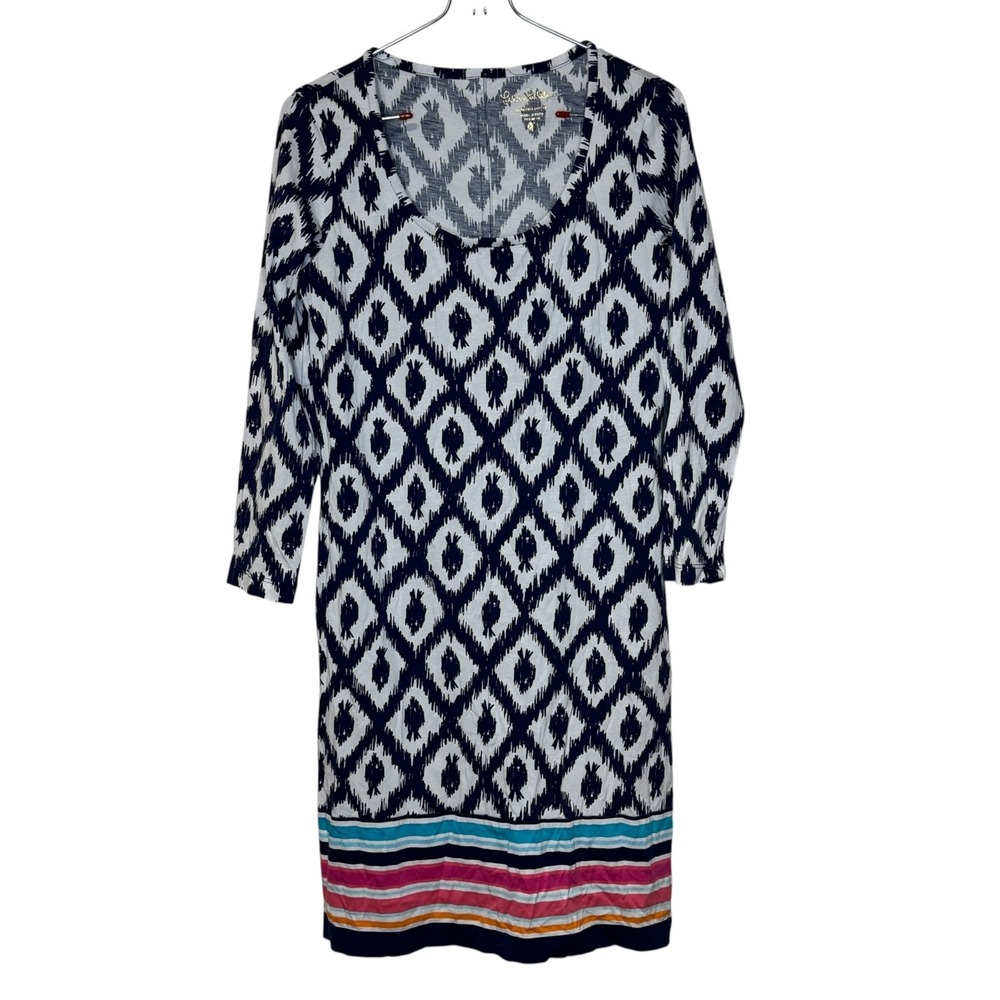 Lilly Pulitzer Beacon Fish Print T-Shirt Dress Blue White 3/4 Sleeve Cotton XS